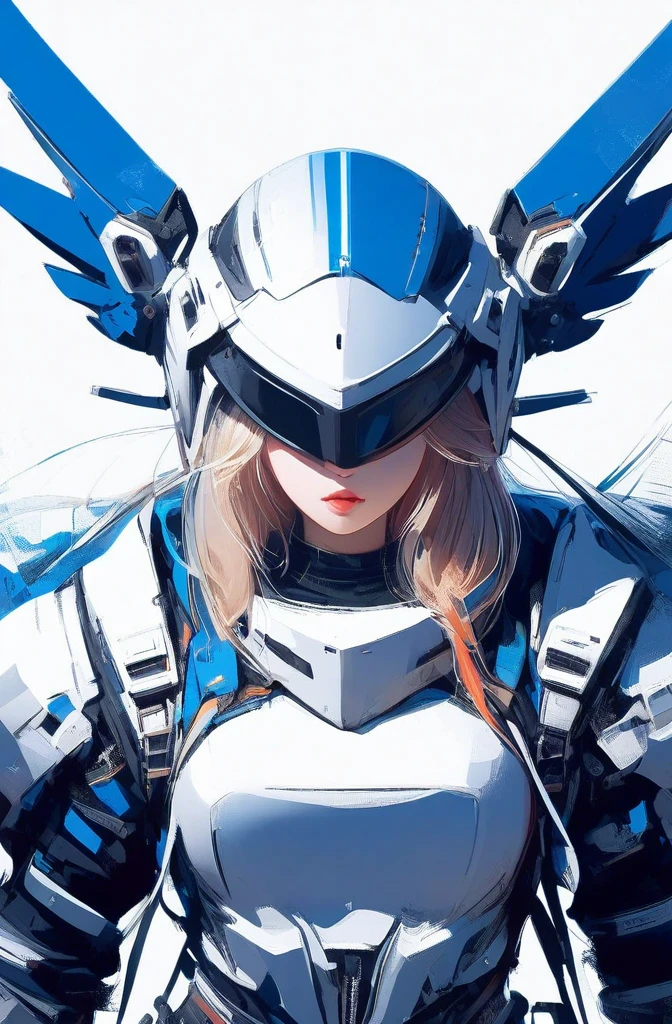 ((celluloid)),Mecha musume,a woman in a futuristic outfit is floating in the air and sword in her hand and sky and clouds and blue background with white clouds and blue and orange lines and white,and,Joseph Stella,Mecha,portrait,Rayonism,