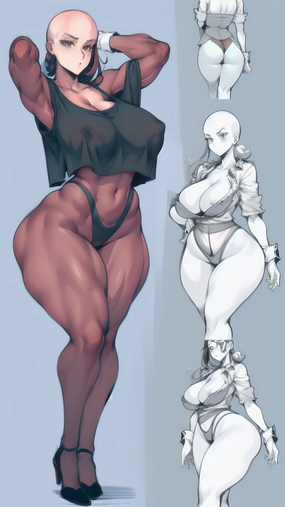 casual clothes, full body in image, clothed woman, bald hair, bald woman female body, curvy body, thicc body, big thighs, voluptuous body, full thick body, dinamic pose, curve body. detalied pose, body, simple background, expressive face, focus on face, line art, sketch