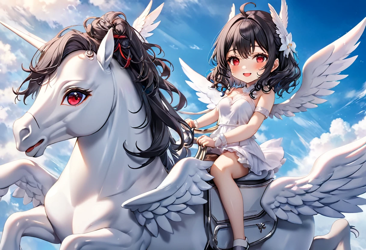 (nendoroid:2)(a curly:1.3 black hair long hair beautiful cute girl, cute red eyes, ecstasy smile, red lips) and (a beautiful Pegasus back with detailed biggest white wings), break, (girl is Riding on the back of Pegasus), (in the over sky), (background a beautiful sky and rainboe), BREAK, perfect anatomy, masterpiece, best quality, 16k, beautiful detailed grow, daydreaming expression.