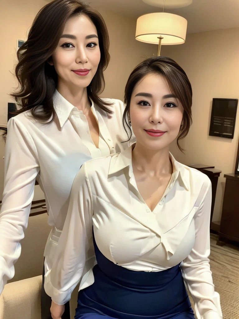 最high quality, 8K, Vibrant, Sharp focus, high quality, High resolution, Middle-aged women, Mature Woman, 49 years old, (Esbian all over), (Facial details in high heels, Highly detailed eyes, Thick lips, Plump figure、Plump face、((Big Tits 1.8))、((On a white blouse))、Navy blue tight skirt、Love hotel room、Random hairstyle、A kind smile、


