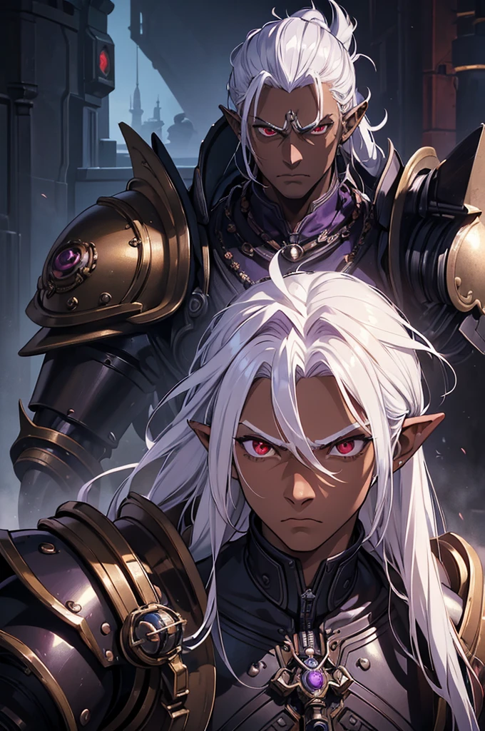 ((best quality)), ((masterpiece)), (detailed), ((boy)), ((mechanical armor)), (steampunk), (serious), dark skinned, human, upper body, portrait, red eyes, long white hair, Xemnas from Kingdom Hearts, half-drow, pointy ears, serious face, dramatic lighting, purple hue, art by Kinema Citrus and Tetsuya Nomura