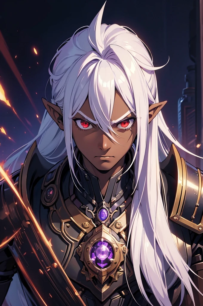 ((best quality)), ((masterpiece)), (detailed), ((boy)), ((mechanical armor)), (steampunk), (serious), dark skinned, human, upper body, portrait, red eyes, long white hair, Xemnas from Kingdom Hearts, half-drow, pointy ears, serious face, dramatic lighting, purple hue, art by Kinema Citrus and Tetsuya Nomura