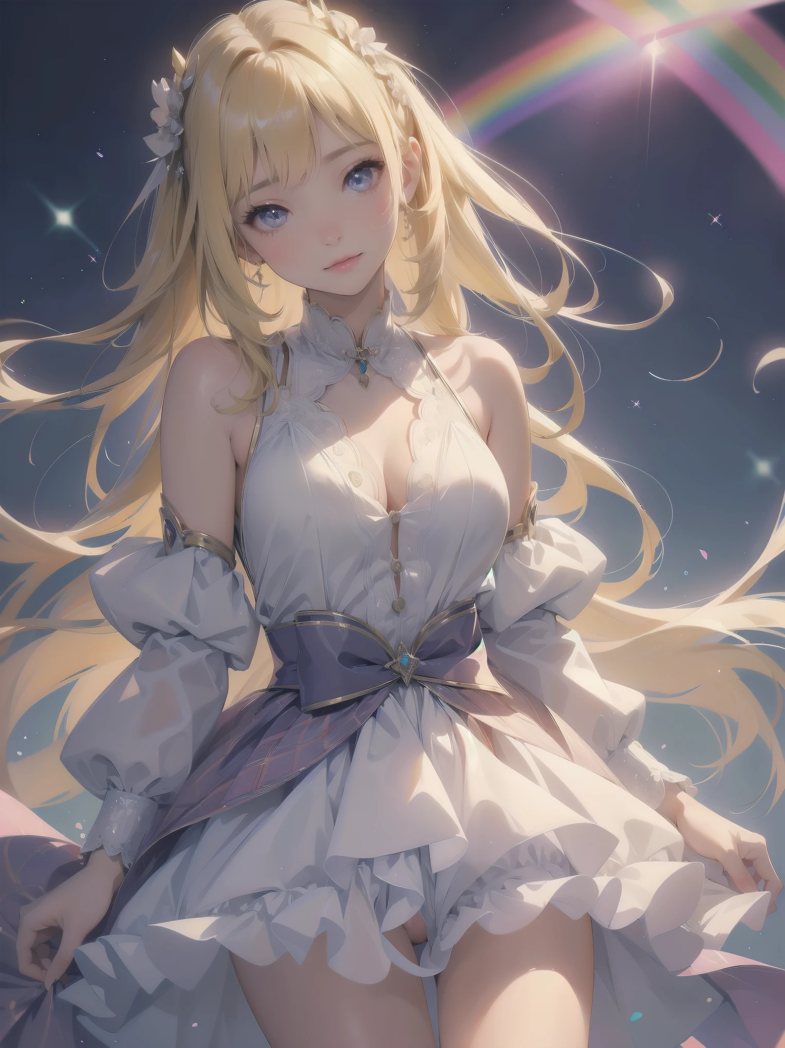 ((傑作 Highest quality:1.4)), ((Tabletop, Highest quality)), (8K quality), (Detailed Background:1.3), (Detailed face:1.3), (Cute Teenage Girls, alone),Beautiful portrait、Delicate body、Frilled blouse,Long Check Skirt,Vintage, Long blonde hair,Cinematic Light,A small smile,Tilt your head、Lying in a fluffy bed、sunlight、Shaking breasts、、Nipples、((She spreads her legs wide to show her pussy))、Flip Skirt、High class clothing、Rainbow glow, Beautiful sparkle,
