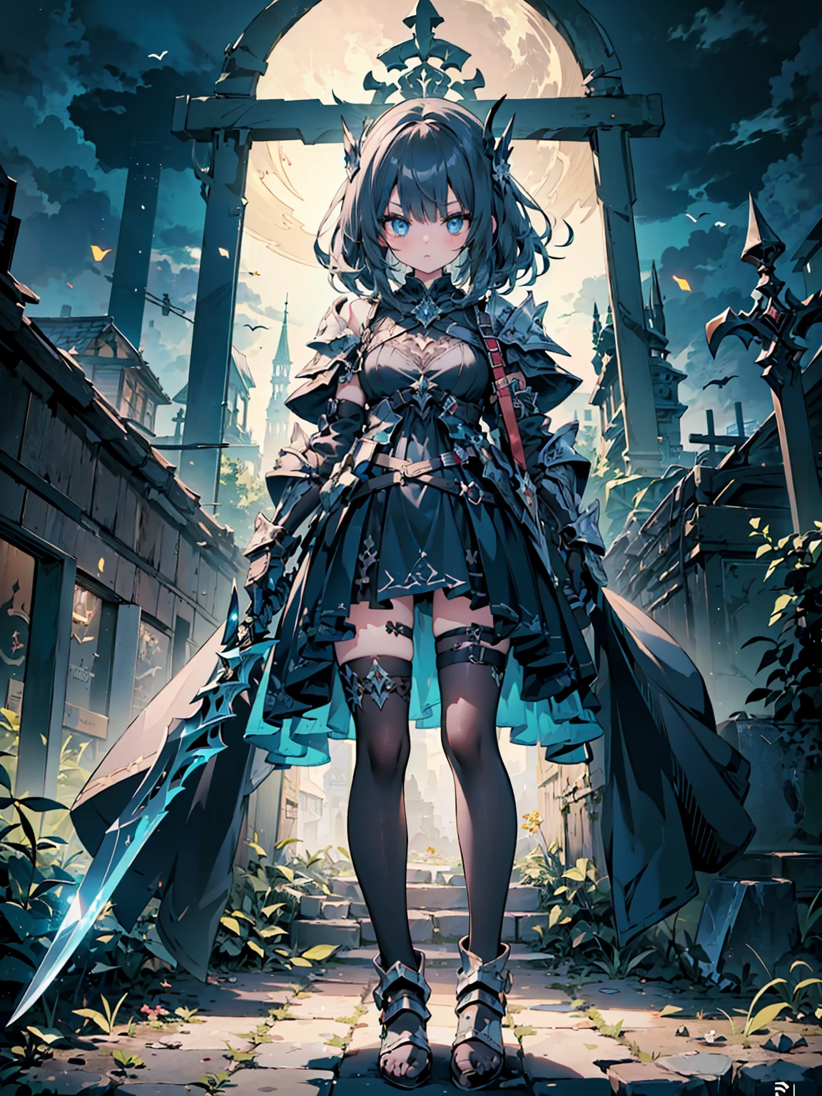 (((masterpiece, best quality, high detailed, 8k))) Design a layout showcase Gaming character, (1girl). Black|Gold clothes, stylish and unique. ((showcase weapon:1.4)), dark scythe. (masterpiece:1.2), (best quality), 4k, ultra-detailed. (Step by step design, layout art:1.5), (luminous lighting, atmospheric lighting). necromancer, ((glove full hands)), (((revealing clothes:1.3))), vambraces, armored legwear, (((full_body_shot:1.4))). {In a haunted graveyard}.