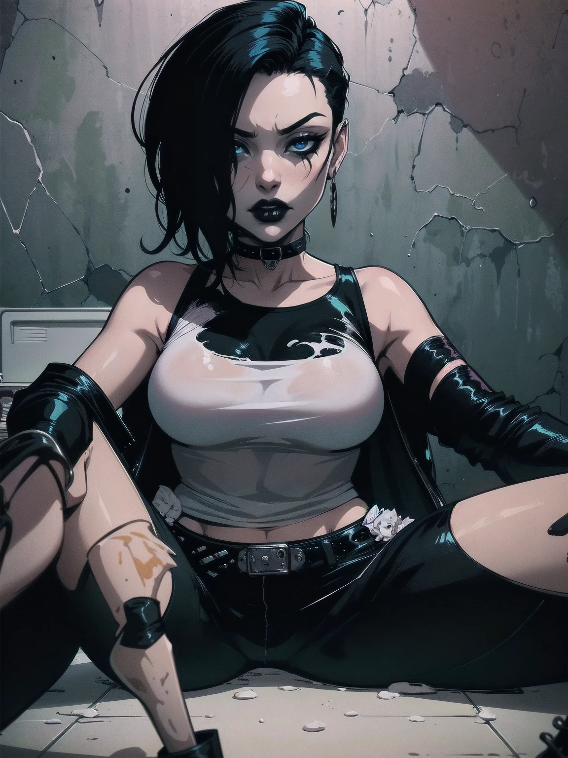 a woman with medium black hair, hair on shoulders,  wearing black pant, black jacket,  blue eyes, zombie art, gothic art, cute aesthetic with vibe, toon aesthetic, wearing gothic accessories, look like Cassie Hack, upper body, sitting on the ground, laundry background