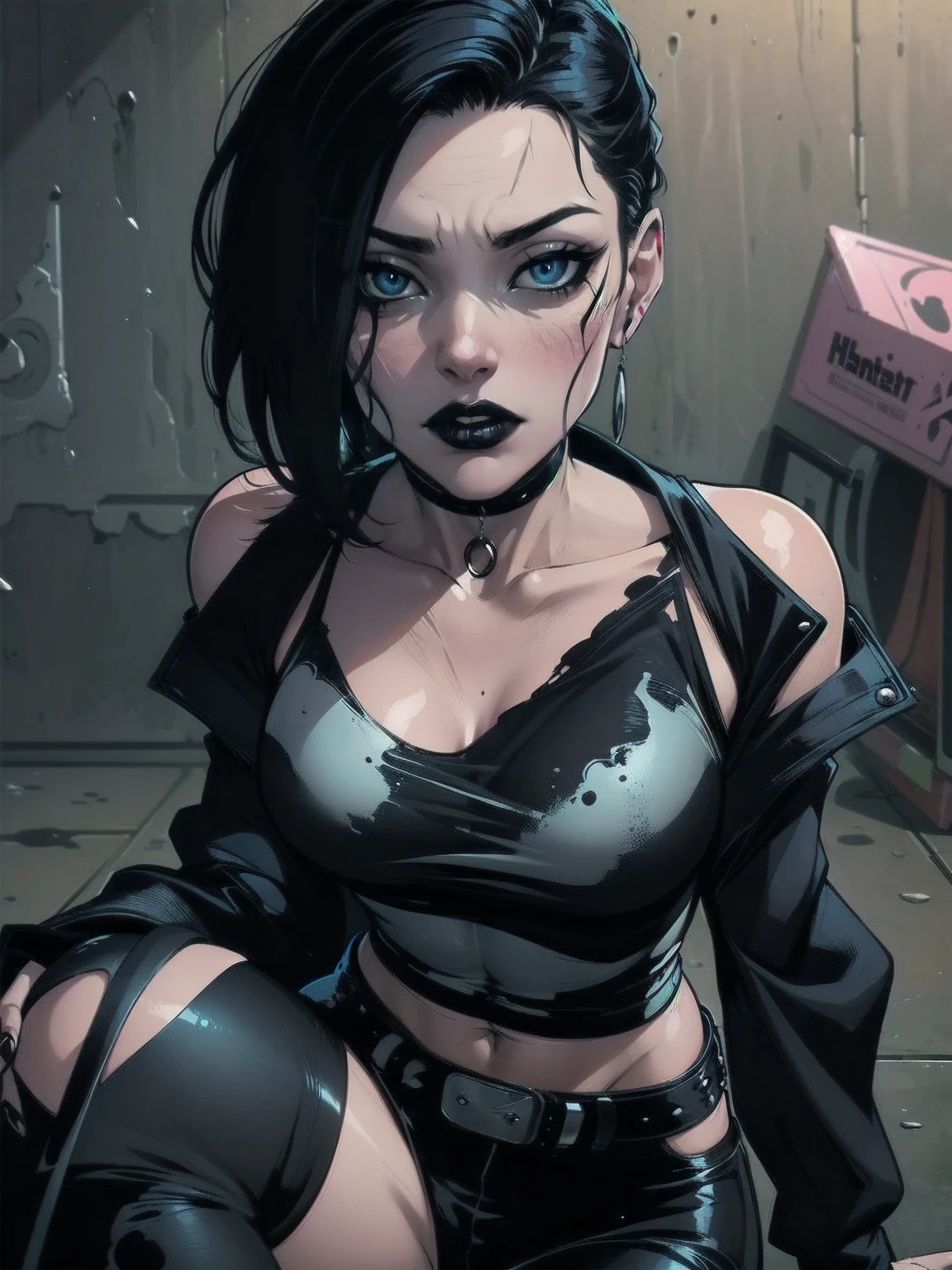 a woman with medium black hair, hair on shoulders, wearing black pant, black jacket, blue eyes, zombie art, gothic art, cute aesthetic with vibe, toon aesthetic, wearing gothic accessories, look like Cassie Hack, upper body, sitting on the ground, laundry background