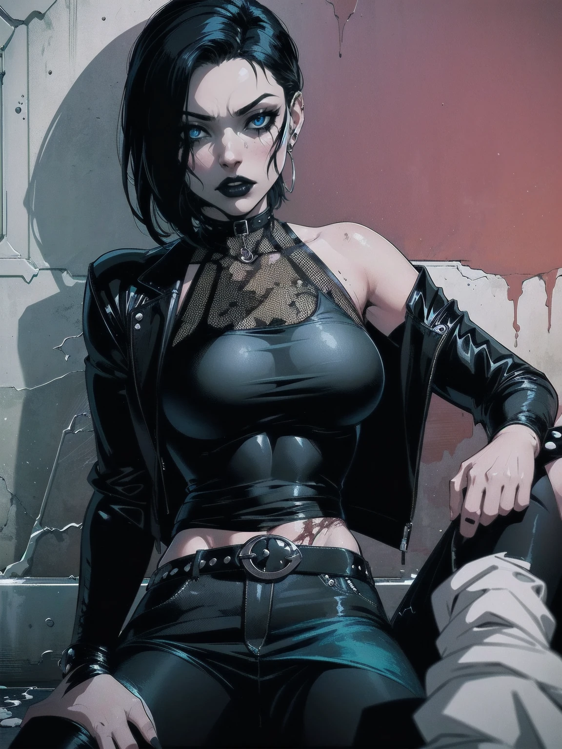 a woman with medium black hair, hair on shoulders,  wearing black pant, black jacket,  blue eyes, zombie art, gothic art, cute aesthetic with vibe, toon aesthetic, wearing gothic accessories, look like Cassie Hack, upper body, sitting on the ground, laundry background