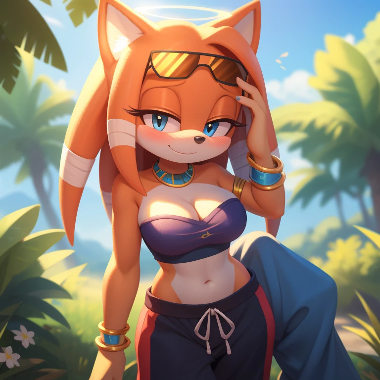 mobian, tikal, echidna, baggy pants, strapless crop top, cleavage, high-top sneakers, halo, sunglasses, jewelry, longeyelashes, smile, shy, blush, high detail, masterpiece, UHD, anatomically correct, super detail, highres, 4K