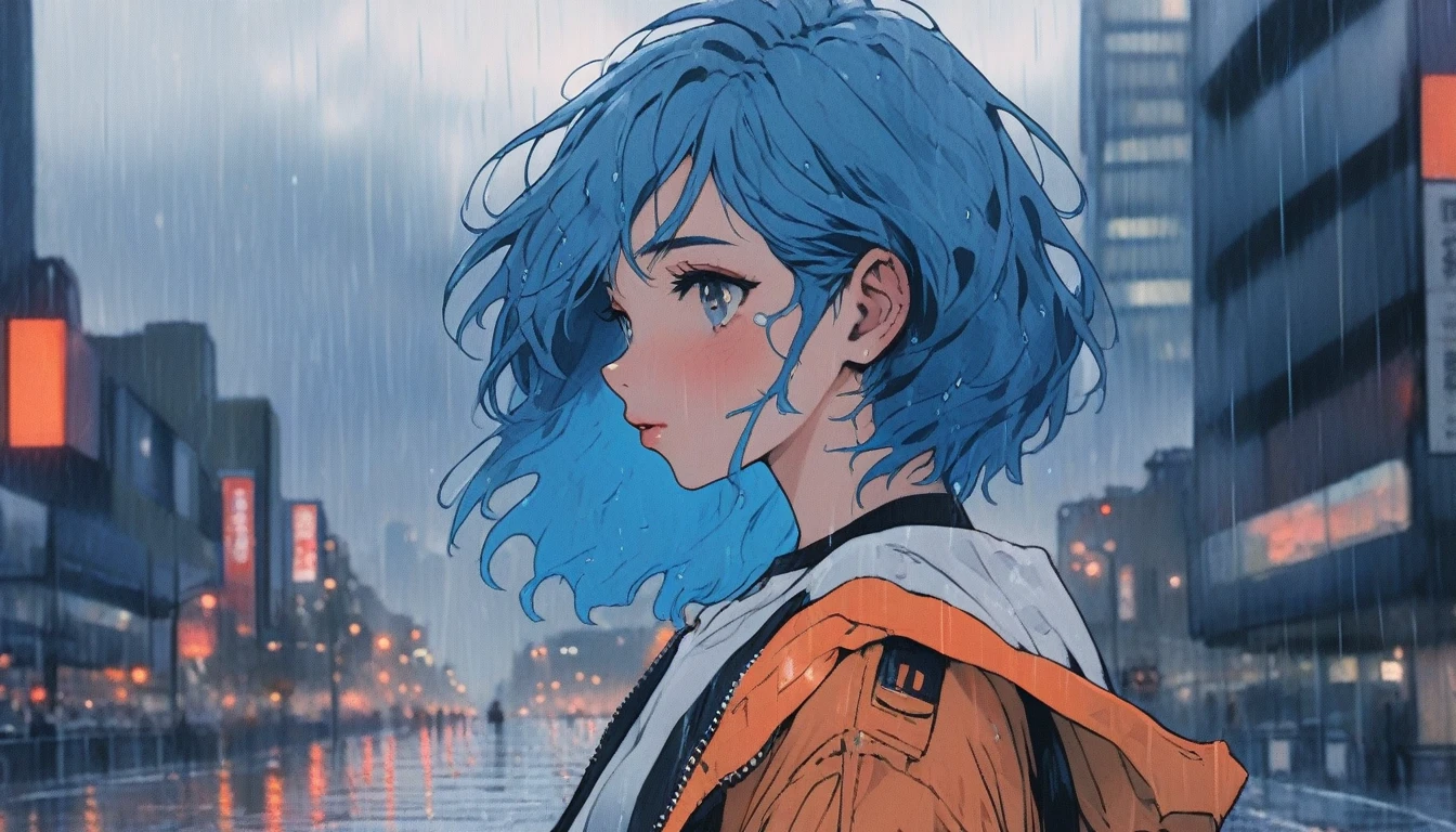 Illustrator, anime , Realistic ,sketch , 1 Girl, ,lip, T-shirt,order,Textured Trim, (masterpiece,Highest quality) Rainy cityscape background, Blue Hair,Textured Trim, Canadian, (masterpiece,Highest quality) Cancer