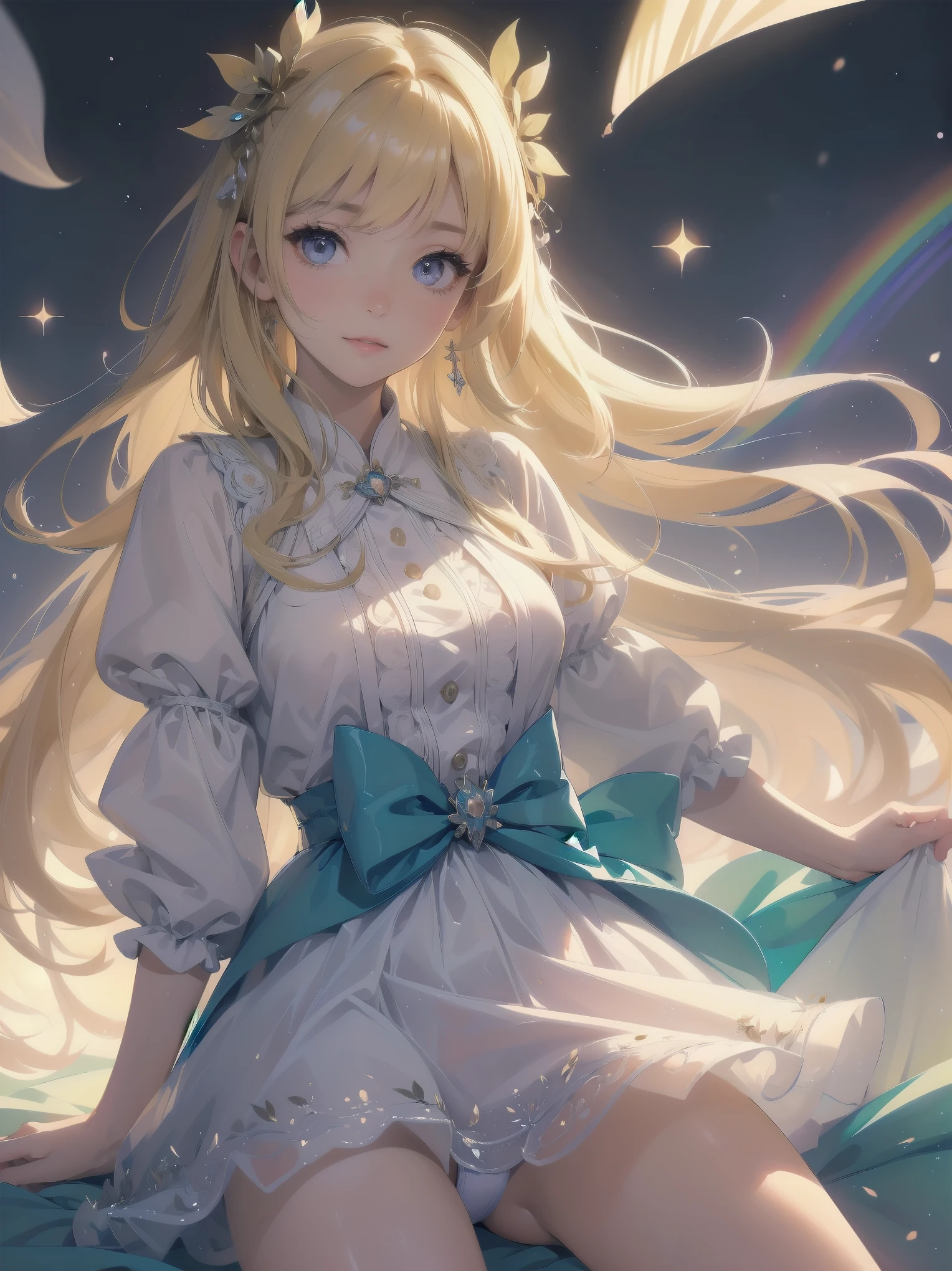 ((傑作 Highest quality:1.4)), ((Tabletop, Highest quality)), (8K quality), (Detailed Background:1.3), (Detailed face:1.3), (Cute age Girls, alone),Beautiful portrait、Delicate body、Frilled blouse,Long Check Skirt,Vintage, Long blonde hair,Cinematic Light,A small smile,Tilt your head、Lying in a fluffy bed、sunlight、Shaking breasts、、Nipples、((She spreads her legs wide to show her pussy))、Flip Skirt、High class clothing、Rainbow glow, Beautiful sparkle,