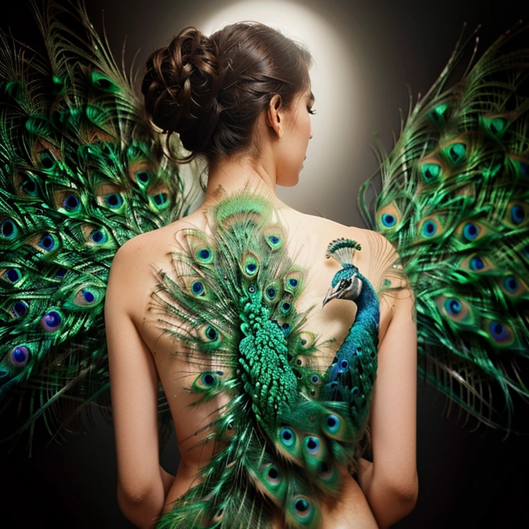double exposure merged, a woman, a peacock (transparency effect peacock image on her back) seamless mix, flawless, image fit on her back