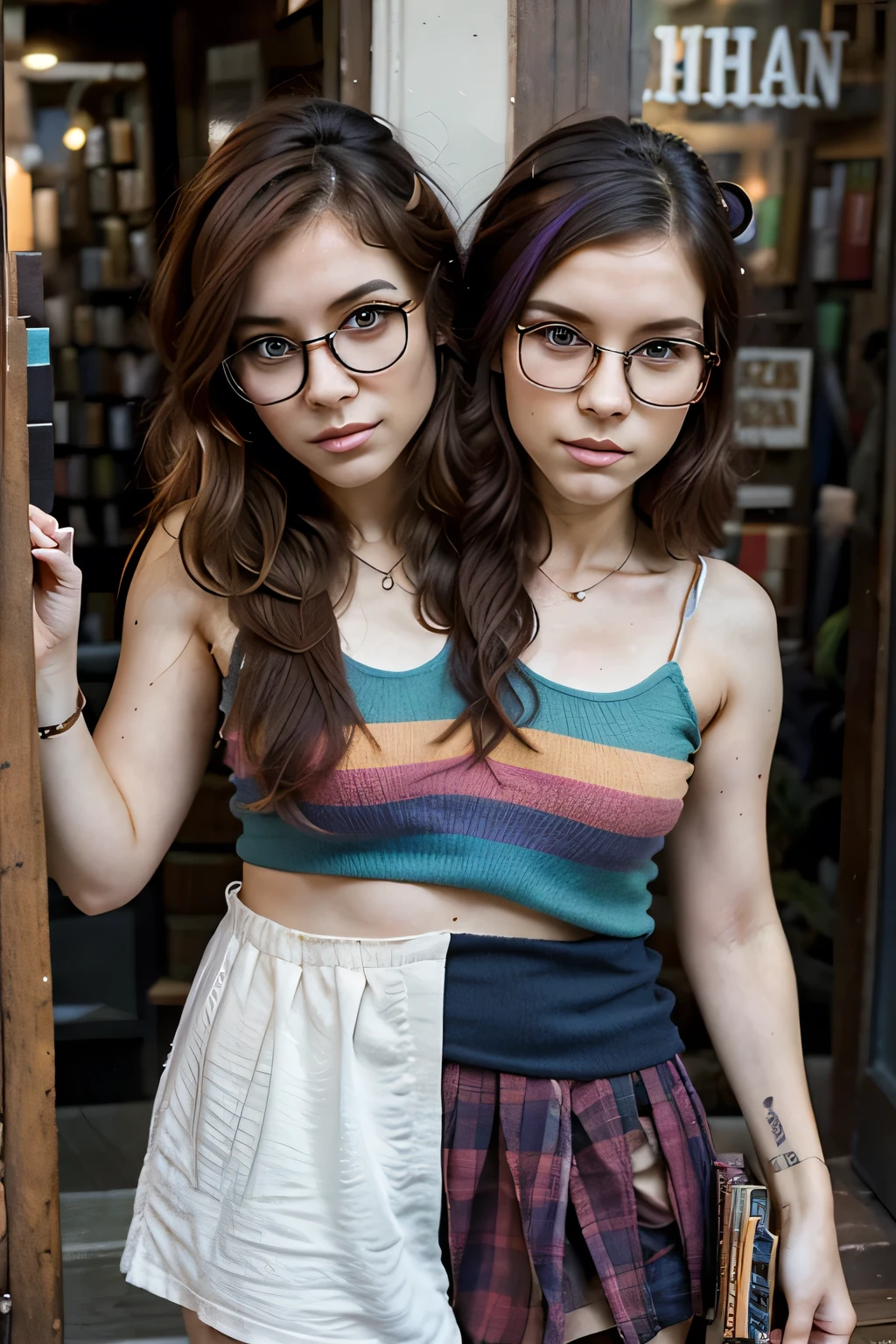 2heads, female couple, age 28, two heads on one body, conjoined, one torso, hipsters, multicolored hair, hipster fashion, at a bookstore
