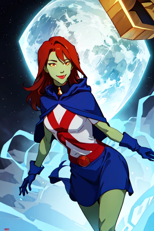 8k,highres,absurdres,masterpiece,best quality,original,extremely detailed CG,extremely detailed wallpaper,perfect, MissMartianYJ, girl1, solo, orange eyes, green skin, hair, White shirt, red X logo, blue gloves, long blue cape, hood,short sleeves, blue skirt, smile. Park