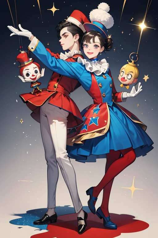 Ball Clowns are small entertainers that look like wooden marionettes. They have white greasepaint on their face, blue lips, a small red nose and black hair. They also wear a red, yellow and blue suit with two blue buttons, a red cap with a blue bobble, white gloves and brown shoes.  SPARKLE; GLITTER