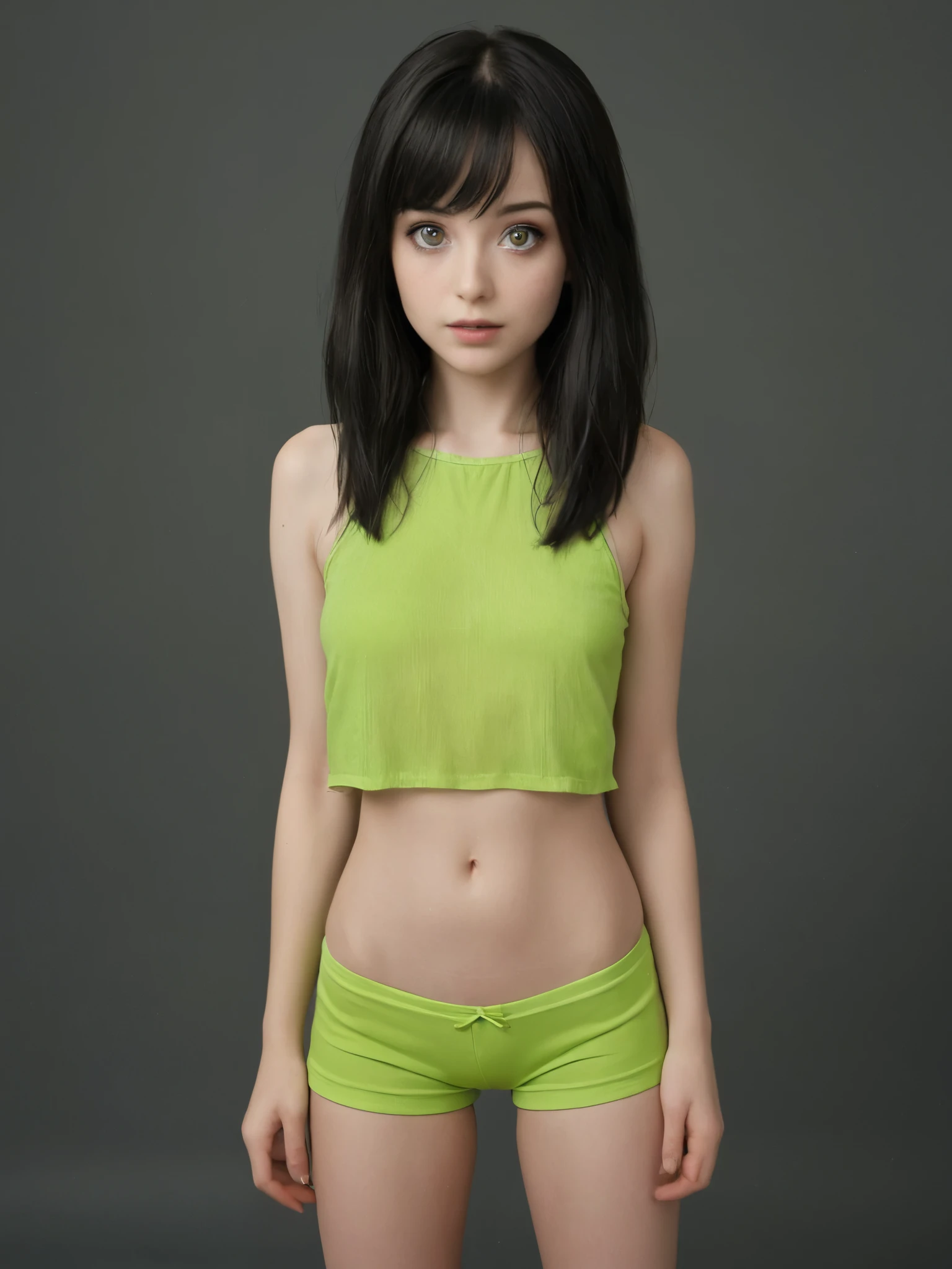 Hyperrealistic art beautiful girl, comely, skinny, muscular, Asian, dollface, aged, small medium chest, pale skin, vlh, far away_body hair, lime green tight short doll, Black body hair curto . Extremely high resolution details, photographic, realism taken to the extreme, fine texture, stunningly lifelike