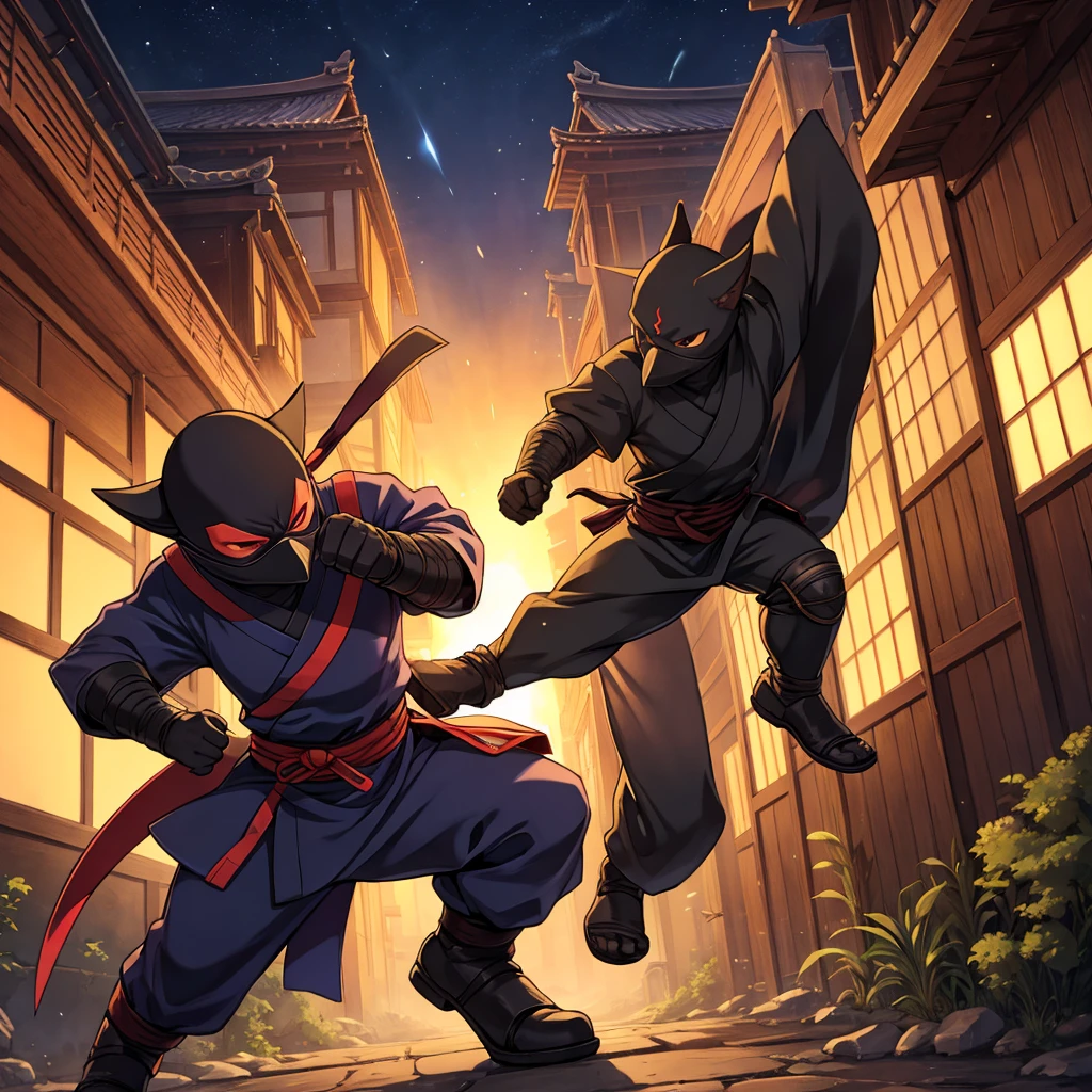 Shinzo, or animated ninja, He was a master of shadows, Known for his agility and incredible abilities. Dressed in black from head to toe, he moved silently through the streets of the ancient Japanese city, always looking for new missions. With your faithful companion, the little crow Kuro, Shinzo uncovered secrets and spied on enemies. He was skilled in the use of shurikens, swords and hand-to-hand combat techniques, always ready to defend your village. In addition to his strength and dexterity, Shinzo possessed a great sense of honor and justice. during daytime, he mingled with the villagers, discreetly helping those in need. at night, he became a living legend, facing samurai and other rival ninjas with courage and strategy. His adventures were full of mysteries and dangers, but Shinzo always prevailed, guided by the spirit of the ancestors and their unshakable determination. Each mission completed strengthens your reputation, making him a figure of admiration and respect among ninjas throughout Japan.