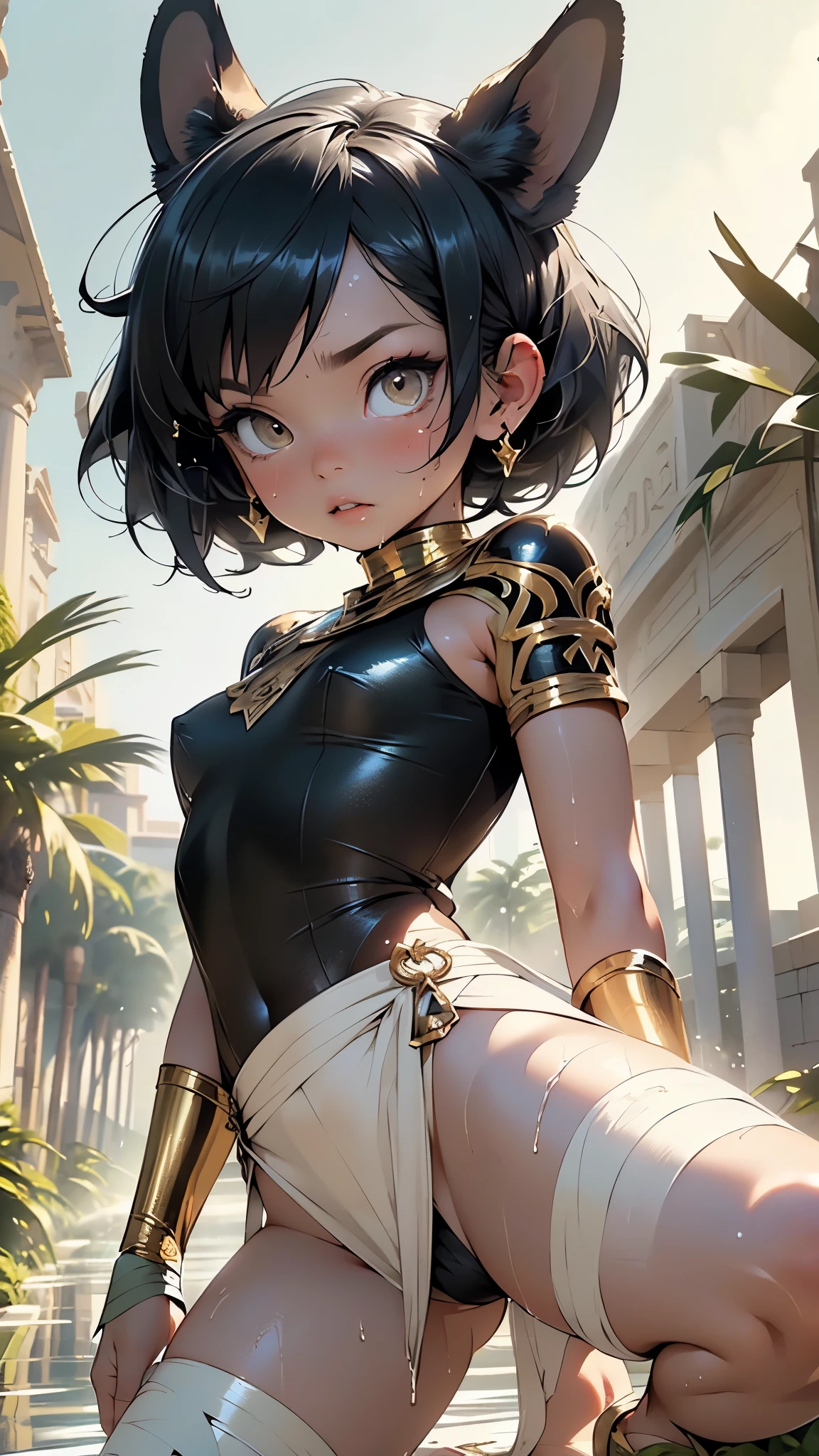 li from ancient Egypt,(((little loli,chibi))),((small tiny body)),,((((6 years oldoddler:1.4))),(ba face),(round fa(anubis ears:1.5,anubis girl:1.5,anubis,anthro)))),(((flat chest))),((((dark hair,black hair,very short hair,tomboy hair,colored inner hair)))),(((gold_eyes:1.3))),intricate eyes,beautiful detailed eyes,symmetrical eyes,big eyes:1.5,((((tanned skin,lustrous skin:1.5,glossy skin,wet skin,sweating,shiny skin,shiny body)))),(((detailed face))),beautiful detailed lips,

cute,opulent,sumptuous,(((nsfw))),

zettai ryouiki,revealing clothing,show skin,((underboob)),(barefoot,),egyptian outfit,((((bandaged legs:1.5,bandaged arms:1.5,bandaged breasts,white bandage)))),(((egyptian jewelry in her arms))),((eyes shadow, egyptian makeup,eyelid makeup)),o-ring bottom,o-ring panties,(((pelvis curtain))),((loincloth)),(((black clothes,wet clothes,intricate outfit,embroidered outfit,ornate outfit))),

dynamic pose,looking at viewer,((angry)),centered,scale to fit dimensions,Rule of thirds,

outdoors,pillars,((pillars background,egyptian palace,egyptian palace background,pyramids in the background)),scenery,extremely scenery,(puddles everywhere,moss,moss on the background), Egypt style,Egypt castle,lily pads,palms,(sunset, golden hour),

(Glossy Egyptian ornaments),highres,sharp focus,(ultra detailed,extremely detailed),(photorealistic artwork:1.37),(extremely detailed CG unity 8k wallpaper),(((vibrant colors,vibrant theme))),(intricate),(masterpiece),(best quality),artistic photography,(photography taken by sldr),(intricate background),perfect rendered face,perfect face details,realistic face,photo realistic,((intricate detail)),(((realism))),
