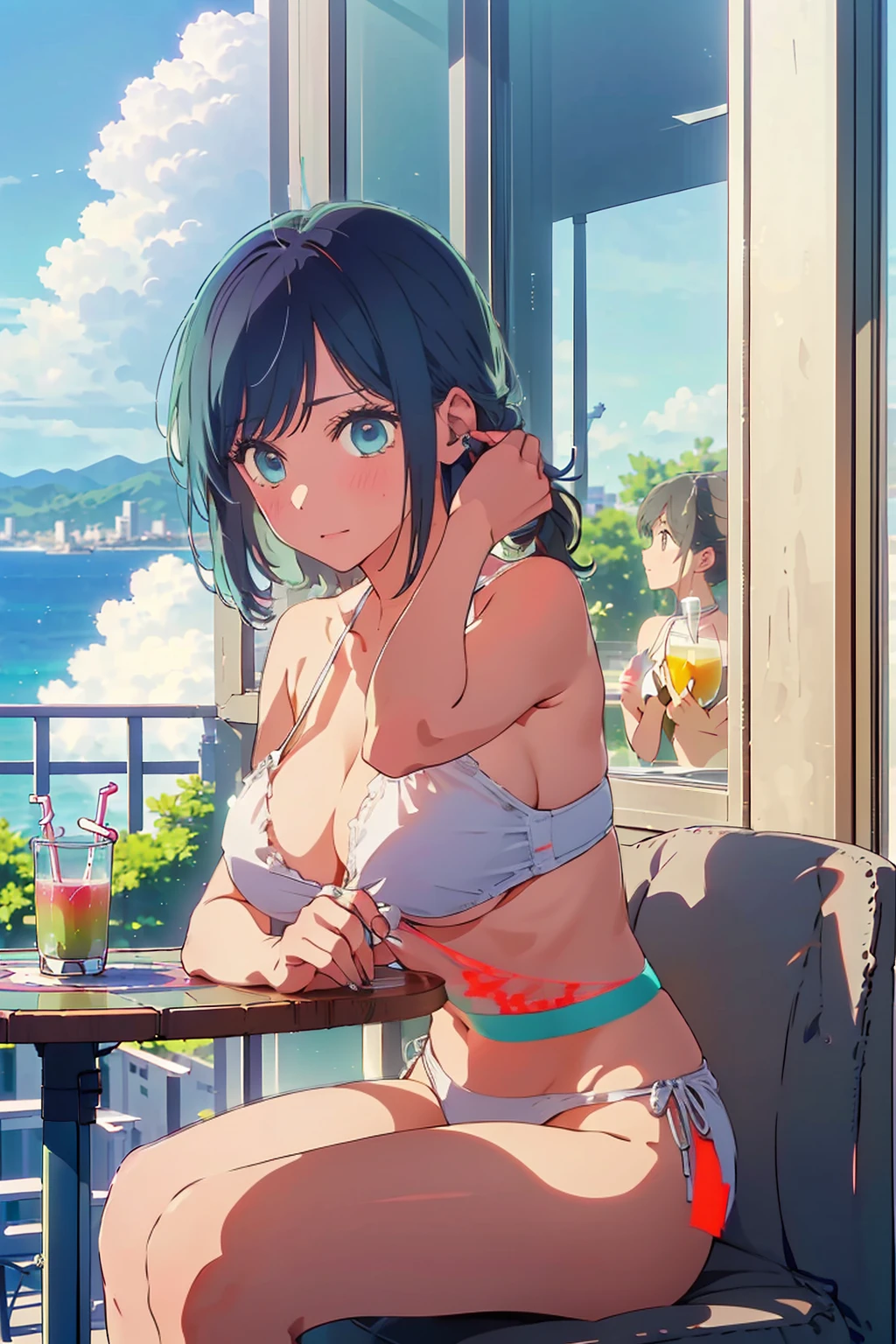 (Highest quality:1.4、8K:1.4、detailed)、F cup bust、Big Breasts、Slim body、Very white beautiful skin、((((1 person、Surprised expression、sit、Chair、In the background are the urban buildings of Tokyo、looking at the camera、Outdoor café terrace、coastal、Navy hair color、juice、White side string high leg bikini、Shooting from a distance、table、Very cute face))))、(Pose of putting hair behind ears with hands:1.4、Low ponytail:1.4)、Very blue sky、A completely cloudless sky