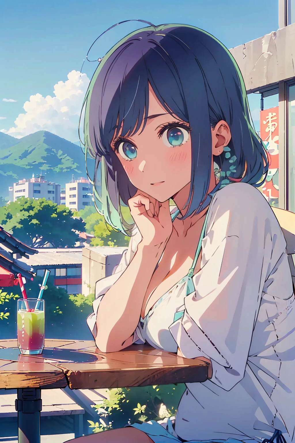 (Highest quality:1.4、8K:1.4、detailed)、F cup bust、Big Breasts、Slim body、Very white beautiful skin、((((1 person、Surprised expression、sit、Chair、In the background are the urban buildings of Tokyo、looking at the camera、Outdoor café terrace、coastal、Navy hair color、juice、White side string high leg bikini、Shooting from a distance、table、Very cute face))))、(Pose of putting hair behind ears with hands:1.4、Low ponytail:1.4)、Very blue sky、A completely cloudless sky