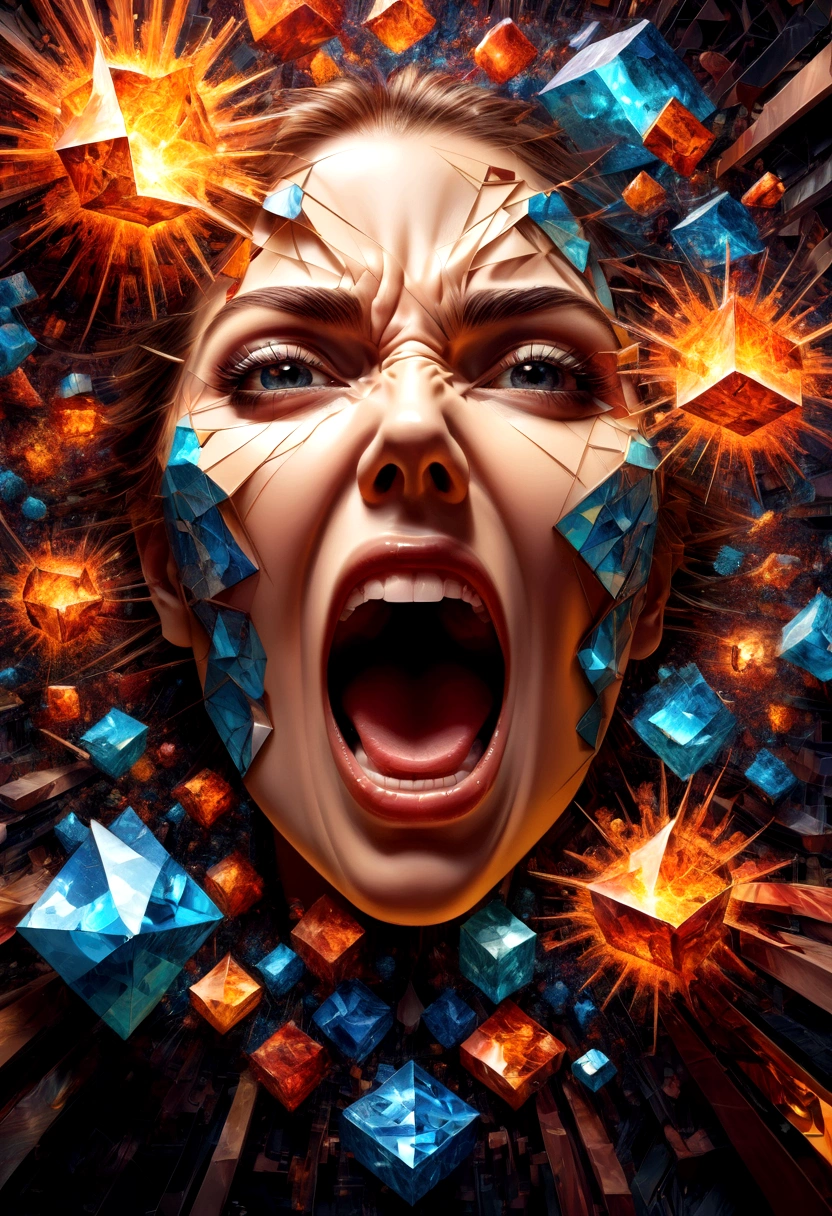 Women's faces(Only the face that opened its mouth very wide screamed in anger.),Explosion of body parts into 3D cubes , Mosaic art, masterpiece, bright colors, , Highly detailed, , fractal art, , 8K, geometric concept art, sharp line