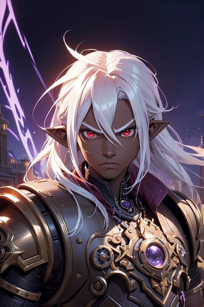 ((best quality)), ((masterpiece)), (detailed), ((boy)), ((mechanical armor)), (steampunk), (serious), dark skinned, human, upper body, portrait, red eyes, long white hair, Xemnas from Kingdom Hearts, half-drow, pointy ears, serious face, dramatic lighting, purple hue, art by Kinema Citrus and Tetsuya Nomura