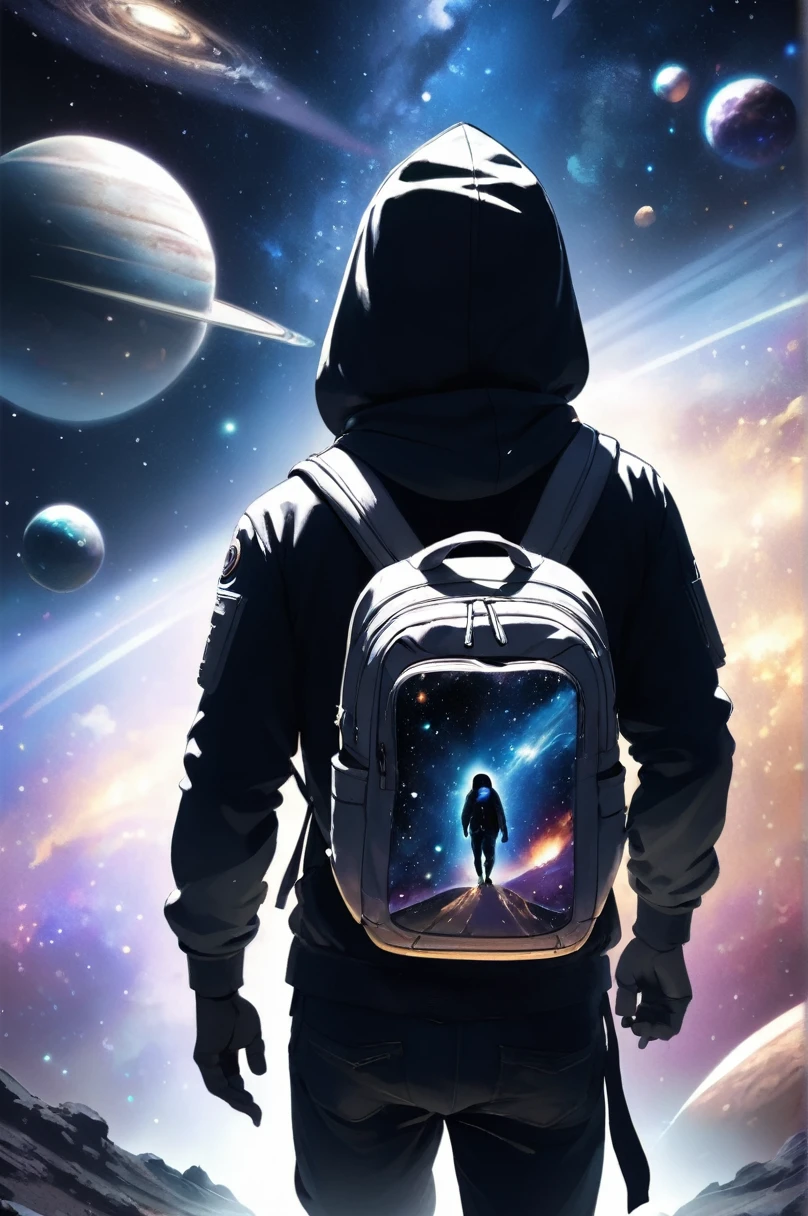 a man wearing a hood, with a backpack on your back, walking through the galaxies of the universe