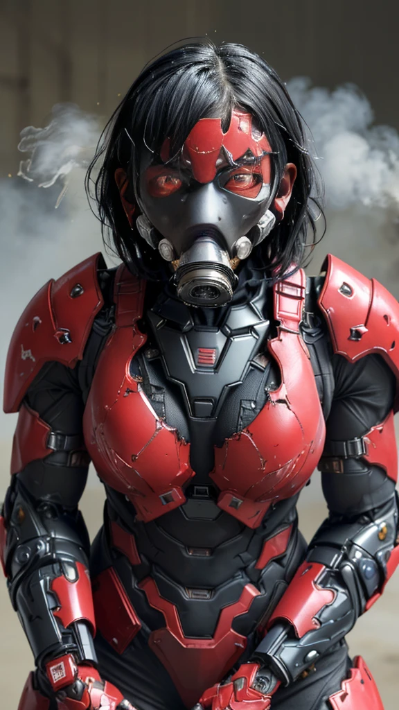 Rough skin, Very detailed, Advanced Details, high quality, 最high quality, High resolution, 1080P 、(Red Armor)(Wearing a damaged cyber suit...)Close-fitting headgear　gas mask)(Damaged Armor)Black Hair、、Chiquita、My hair is soaked、Open your mouth、Sweaty face、It hurts again、cute、Shot、Kindergarten girl　　(Steam coming out of the face) ((Steam from the body)) 　Touching the vagina　　look up　suffering　　Ahegao