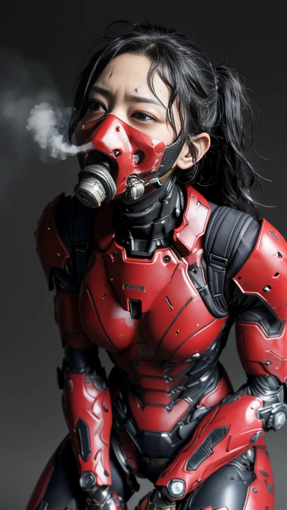 Rough skin, Very detailed, Advanced Details, high quality, 最high quality, High resolution, 1080P 、(Red Armor)(Wearing a damaged cyber suit...)Close-fitting headgear　gas mask)(Damaged Armor)Black Hair、、Chiquita、My hair is soaked、Open your mouth、Sweaty face、It hurts again、cute、Shot、　　(Steam coming out of the face) ((Steam from the body)) 　Touching the vagina　　look up　suffering　　Ahegao