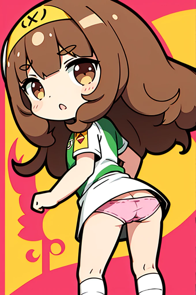 18 year old girl, large eyes, big eyelashes, thin eyebrows, half full cheeks, thick lips, brown and curly hair, Brazilian football shirt with the number 10 and the name Ronaldinho, showing the ass, pink panties, long white socks