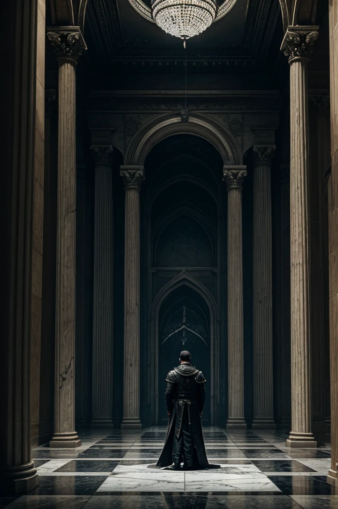 **Setting:** A grand, dilapidated throne room, filled with shadows.
**Description:**
Alex stands before a shattered throne, the remnants of grandeur around him. The room is vast and empty, the once-polished marble now cracked and covered in dust. Shafts of moonlight pierce through broken windows, casting eerie patterns on the floor. Alex's reflection in a tarnished mirror shows the weariness and anguish etched into his features. He clenches his jaw, staring at the throne with a mixture of sorrow and steely resolve, symbolizing the burdens of leadership and the cost of his journey.