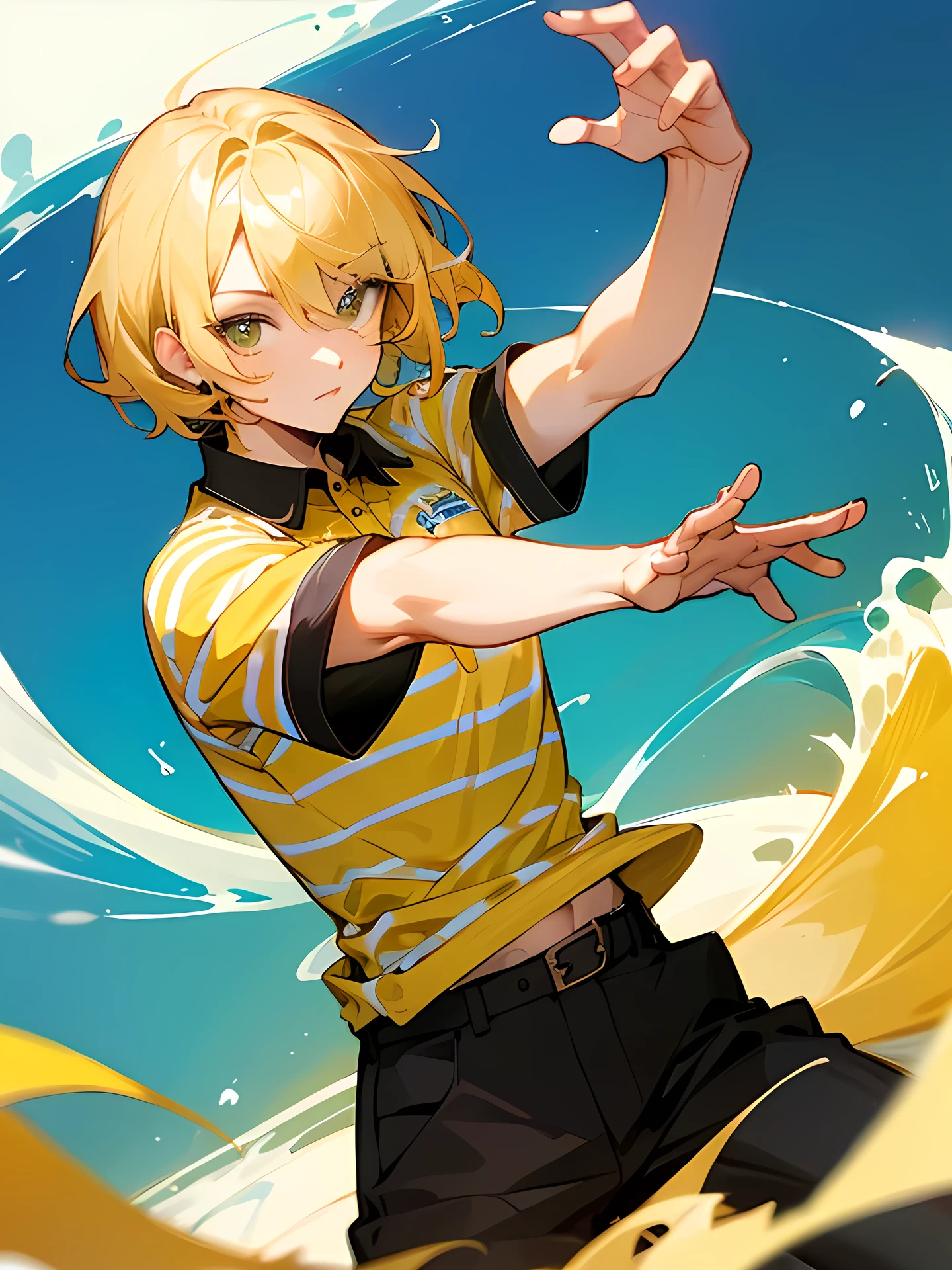 chibi,solo, upperbody,man, blonde wave medium hair, male's eyes, male's nose,(yellow and white striped polo shirt), black pants, cool pose, dancer,