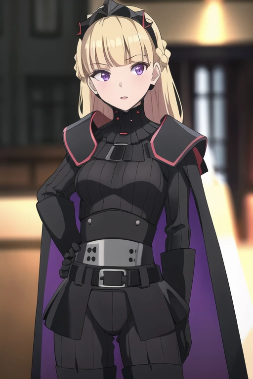 8k,highres,absurdres,masterpiece,best quality,original,extremely detailed CG,extremely detailed wallpaper,perfect lighting,1girl,solo,blurry_background,looking_at_viewer,
AmSW,long hair,blonde hair,black gloves,purple eyes,black hairband,cape,cape wind up,black bodysuit,medium breasts,braid,blunt bangs,