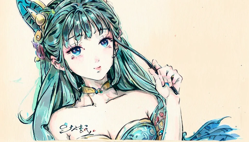 Lum, long hair, breasts, blue eyes, green hair, horns, strapless, makeup, eyeshadow, ((4K,masterpiece,Best quality)), Shuimobysim, traditional chinese ink painting, lotus, Hanfu, Maxiskit, Dress conservatively, Fish, look at the viewer, tease,one-shota,