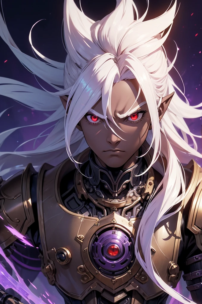((best quality)), ((masterpiece)), (detailed), ((boy)), ((mechanical armor)), (steampunk), (serious), dark skinned, human, upper body, portrait, red eyes, long white hair, Xemnas from Kingdom Hearts, half-drow, pointy ears, serious face, dramatic lighting, purple hue, art by Kinema Citrus and Tetsuya Nomura
