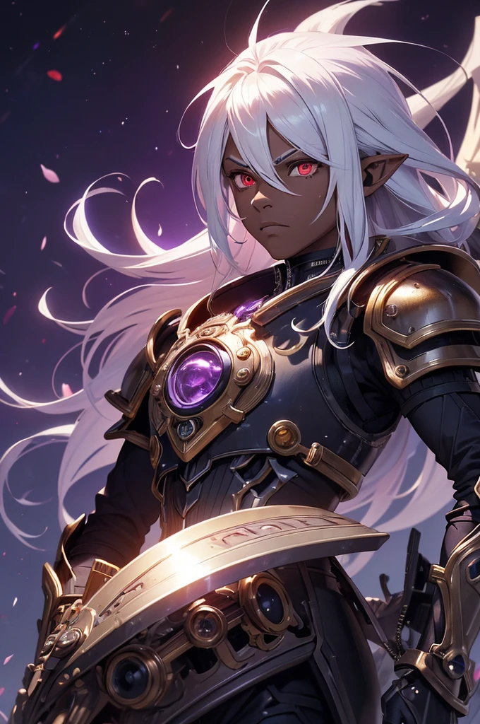 ((best quality)), ((masterpiece)), (detailed), ((boy)), ((mechanical armor)), (steampunk), (serious), dark skinned, human, upper body, portrait, red eyes, long white hair, Xemnas from Kingdom Hearts, half-drow, pointy ears, serious face, dramatic lighting, purple hue, art by Kinema Citrus and Tetsuya Nomura