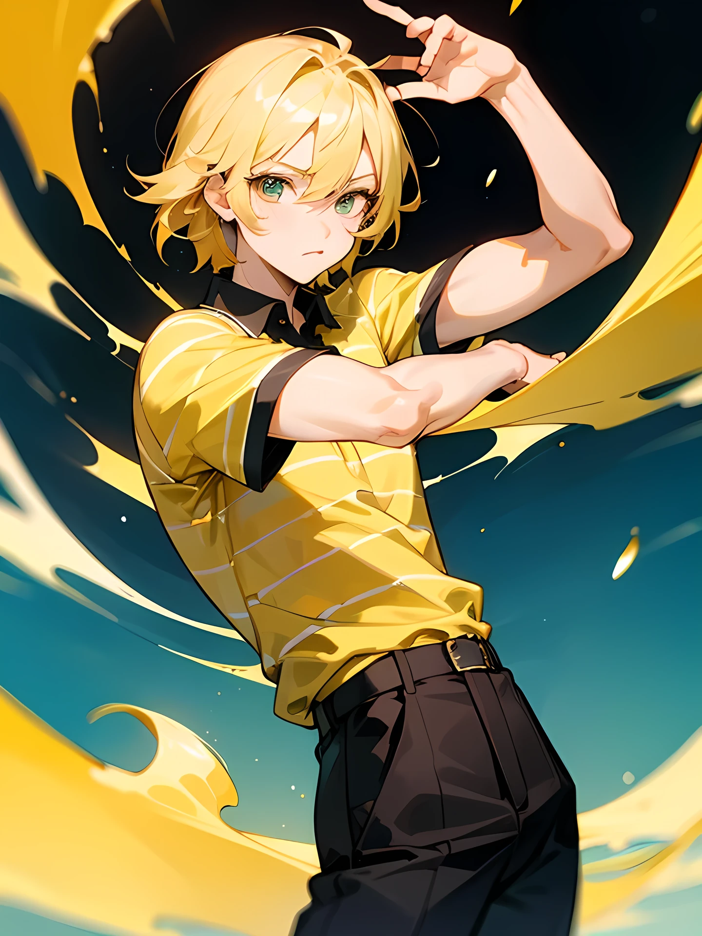 chibi,solo, upperbody,man, blonde wave medium hair, male's eyes, male's nose,(yellow and white striped polo shirt), black pants, cool pose, dancer,