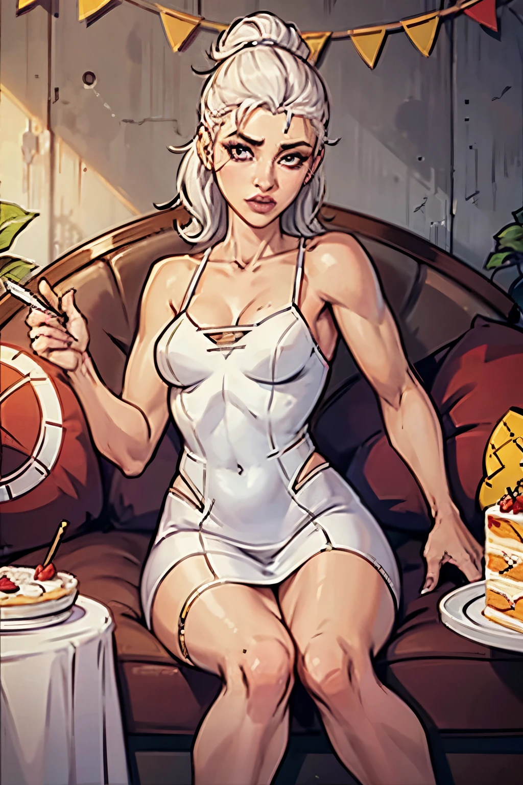 The woman is sitting on the sofa with a small white Pomeranian crawling on her lap, in front of a birthday cake, Making a wish for birthday cake, Celebrating Her Birthday, she is around 16 years old, Caucasian skin, Delicate facial features