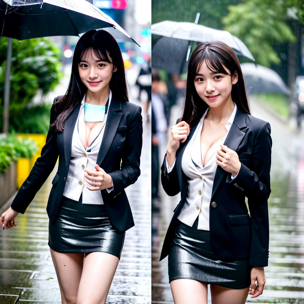 heavy rain,Daytime,Walking on a wet city sidewalk ,drenched, Dripping, Wet Face,Wet clothes, Wet Skin, Wet Hair,(A young woman with a cute face like an idol),(((Cleavage))),(business suit),(mini skirt),((Full body portrait)),RAW Photos,Genuine,Genuine,High resolution,RAW Photos,masterpiece, beautiful