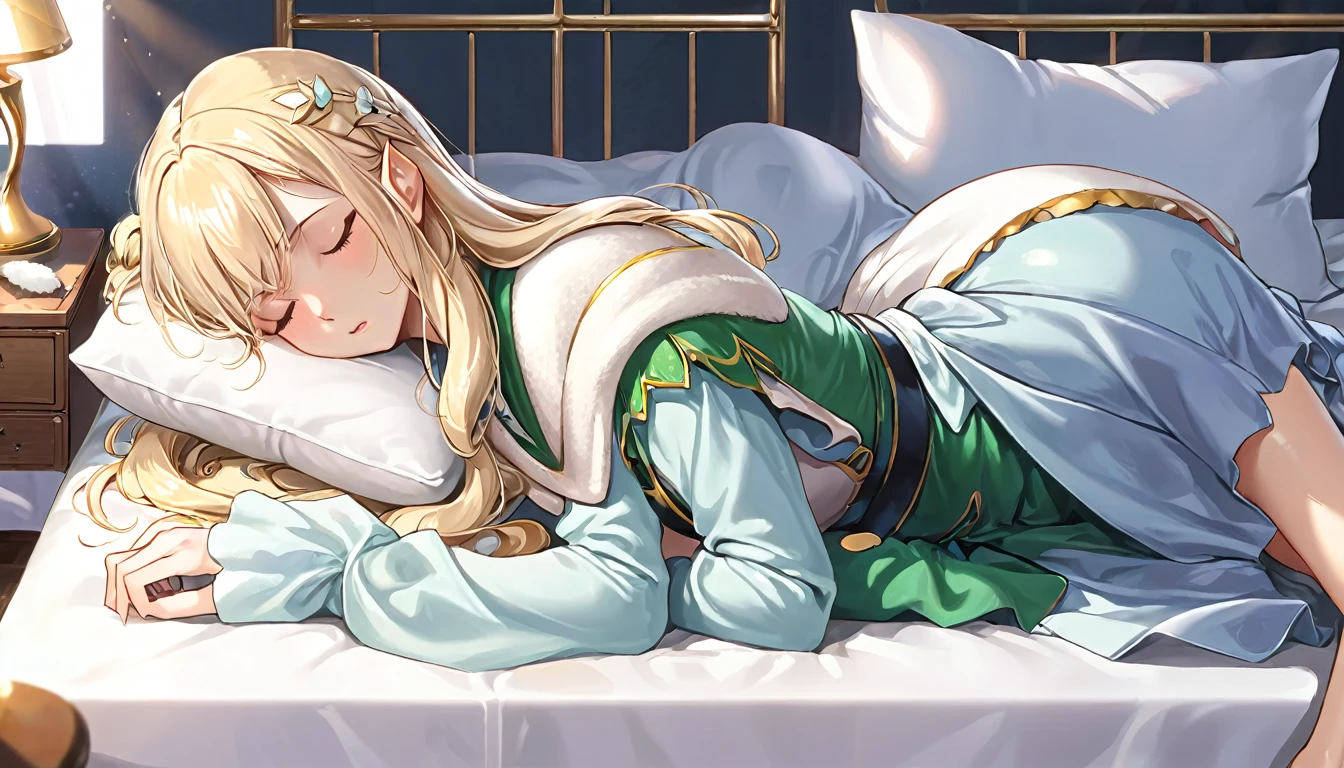 Elf woman sleeping face down in a large bed, relaxed expression, long loosely wavy blonde hair, sleeping with her pet dog, the dog curled up next to her and sleeping, soft morning light pouring in, calm atmosphere, detailed and clear drawing, warm and gentle colors
(Best quality, 8K quality, Masterpiece: 1.3, High resolution, Tabletop: 1.2, Realism: 1.3), Front view: 0.3, Full body Esbian: 1.3, Staring into the camera, (Well-groomed hair), Beautiful face, (Young gravure idol,), (Perfect face down to the smallest detail), Normal hands: 1.5, Normal fingers: 1:5, Normal legs: 1.5