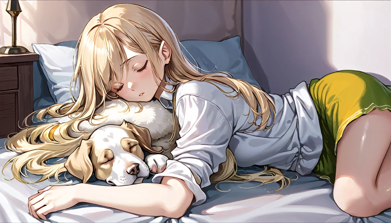 Elf woman sleeping face down in a large bed, relaxed expression, long loosely wavy blonde hair, sleeping with her pet dog, the dog curled up next to her and sleeping, soft morning light pouring in, calm atmosphere, detailed and clear drawing, warm and gentle colors
(Best quality, 8K quality, Masterpiece: 1.3, High resolution, Tabletop: 1.2, Realism: 1.3), Front view: 0.3, Full body Esbian: 1.3, Staring into the camera, (Well-groomed hair), Beautiful face, (Young gravure idol,), (Perfect face down to the smallest detail), Normal hands: 1.5, Normal fingers: 1:5, Normal legs: 1.5