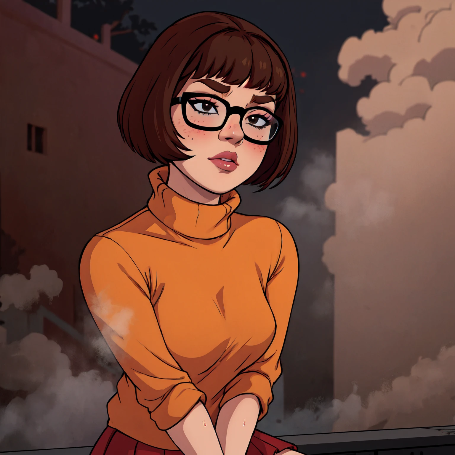 1girl, Velma from scooby-doo, solo, skinny, brown hair, black eyes, square glasses, orange turtleneck blouse and red skirt,  eyeliner, looking at viewer, lips, black bob cut, blunt bangs, blush, standing, upper body, face focus, outdoors, horror \(theme\), night, fog egirlmakeup, sitting on the gound, terror background