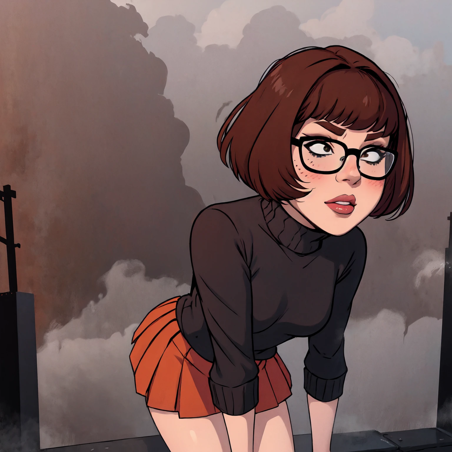 1girl, Velma from scooby-doo, solo, skinny, brown hair, black eyes, square glasses, orange turtleneck blouse and red skirt,  eyeliner, looking at viewer, lips, black bob cut, blunt bangs, blush, standing, upper body, face focus, outdoors, horror \(theme\), night, fog egirlmakeup, sitting on the gound, terror background