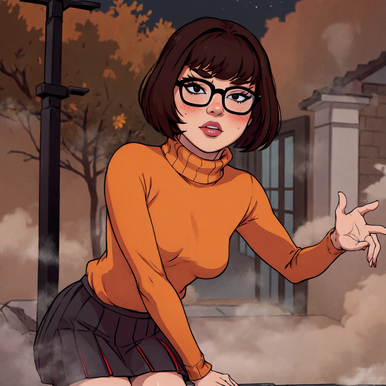 1girl, Velma from scooby-doo, solo, skinny, brown hair, black eyes, square glasses, orange turtleneck blouse and red skirt,  eyeliner, looking at viewer, lips, black bob cut, blunt bangs, blush, standing, upper body, face focus, outdoors, horror \(theme\), night, fog egirlmakeup, sitting on the gound, terror background