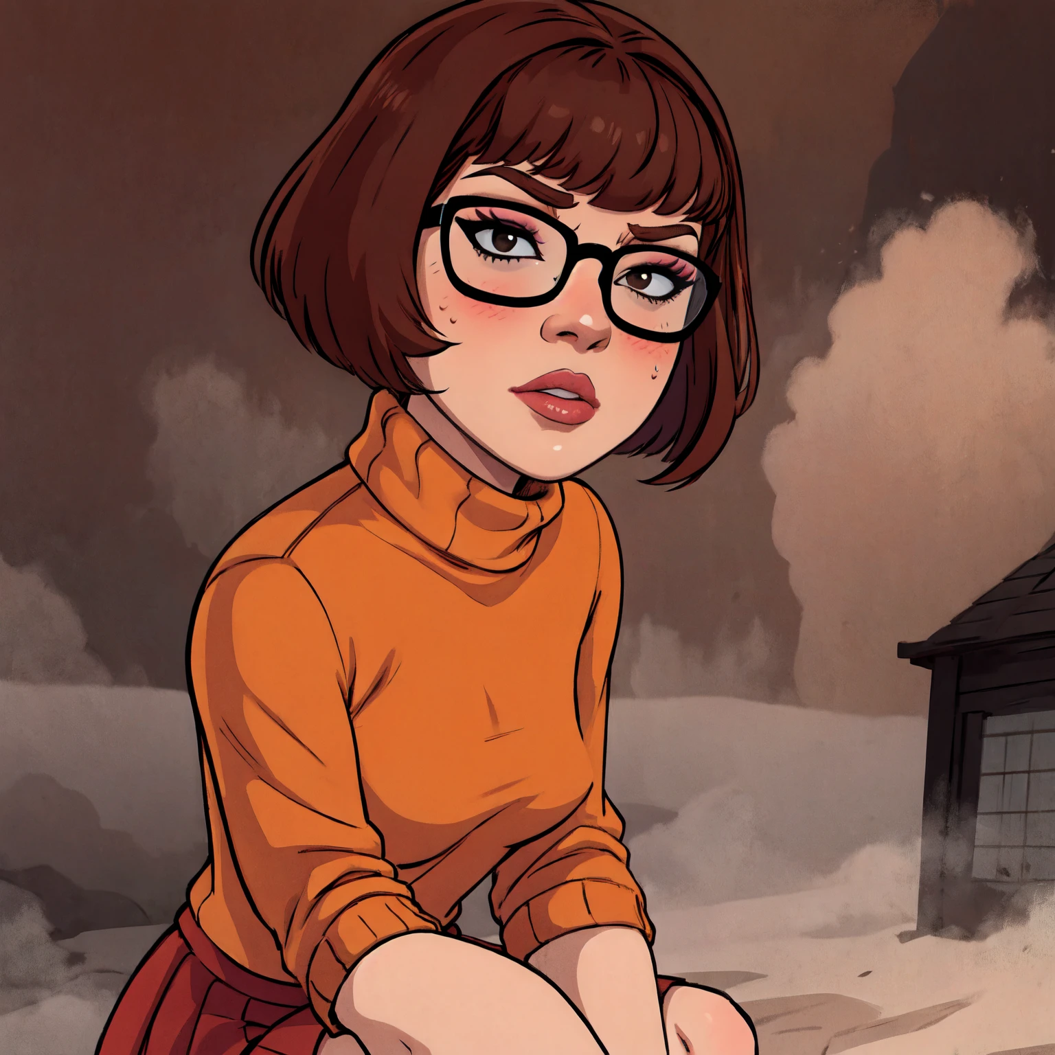 1girl, Velma from scooby-doo, solo, skinny, brown hair, black eyes, square glasses, orange turtleneck blouse and red skirt,  eyeliner, looking at viewer, lips, black bob cut, blunt bangs, blush, standing, upper body, face focus, outdoors, horror \(theme\), night, fog egirlmakeup, sitting on the gound, terror background