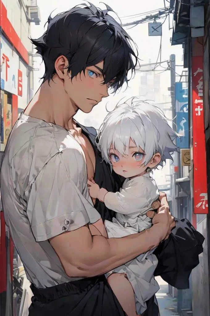 Anime boy holds a baby in his arms while standing on the street., artwork in the style of Guvez, Guvez, Tall anime guy with blue eyes.,Wear a black cloak, anime cover, guys, Highest rating on pixiv, anime boy, Manga cover style, Two handsome anime guys, pixiv daily ranking, Manhwa, Guvez on pixiv artstation