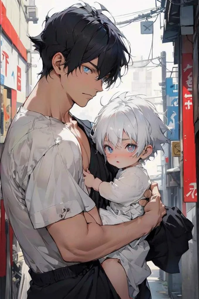 Anime boy holds a baby in his arms while standing on the street., artwork in the style of Guvez, Guvez, Tall anime guy with blue eyes.,Wear a black cloak,  anime cover, guys, Highest rating on pixiv, anime boy, Manga cover style, Two handsome anime guys, pixiv daily ranking, Manhwa, Guvez on pixiv artstation