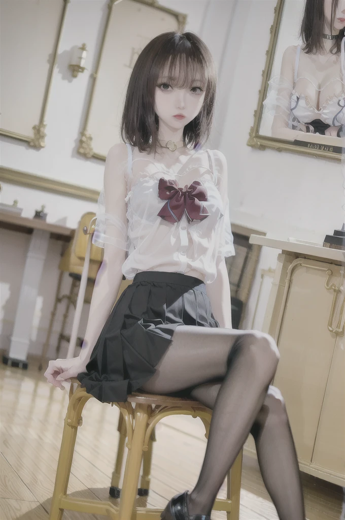 Blurred, depth_of_Field, Blurred_background, machine, School_machine, classroom, Blurred_prospect, School_chair, chair, skirt, bow, 1人of女of子, of上_machine, alone, black_hair, School_uniform, pantyhose, Sitting_of上_machine, indoor, School, black_Legwear, curtain, short_hair, bowtie, black板, Sitting, shoes, shirt, red_bow