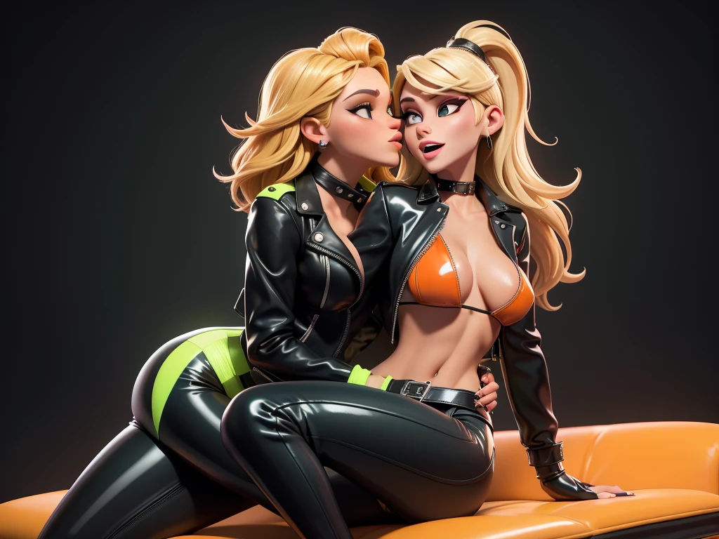 obra prima, melhor qualidade, ((barbra streisaand, blonde hair)) head back, sassy wicked, open mouth, big teeth smile, thick smoky black eye shadow, long fake eyelashes, sultry eyes, ((dark orange leather biker jacket,)) biker jacket has stiff collar, leather blouse, ((neon green pvc skinny pants,)) studs zippers snaps, shiny leather gloves, nip slip, body is skinny, laying down hugging each other on sofa, shiny tight buttocks, arched back, mashing breasts, (passionate kissing,) camera view of whole body, looking up at me, shallow depth of field, highres, HD, 8k, anatomically correct