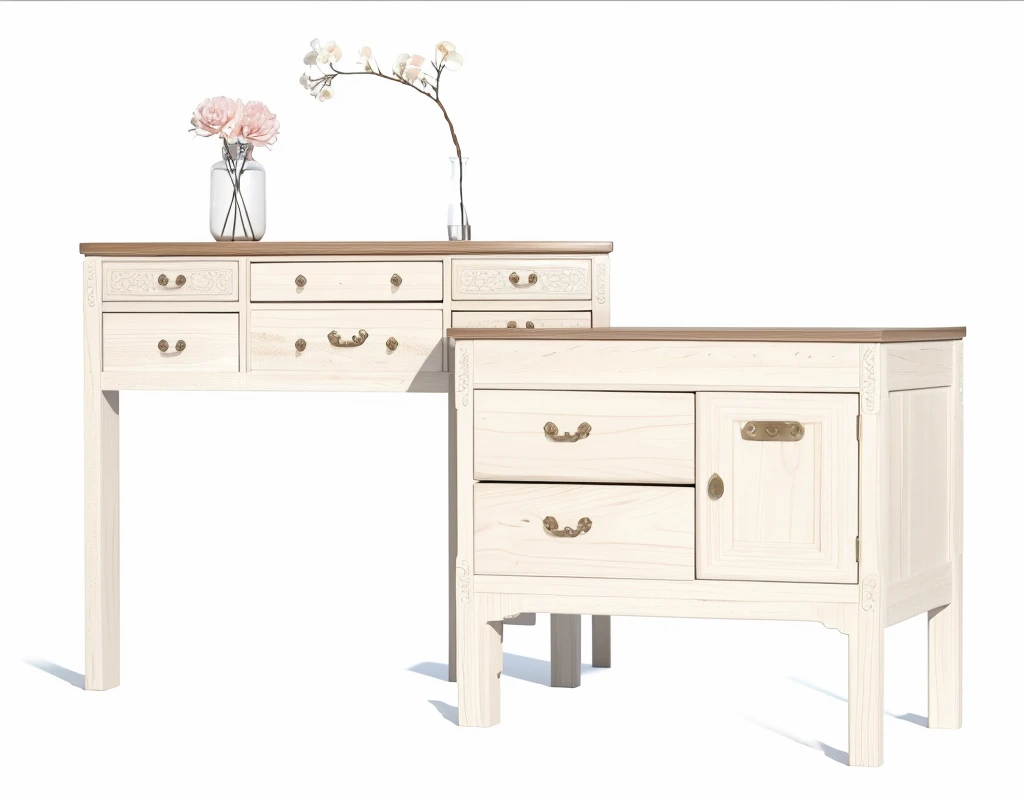 new Chinese style,Dressing table and chest of drawers integrated design,Flower ornament elements,3D Realistic Rendering,Wood texture,Epic details