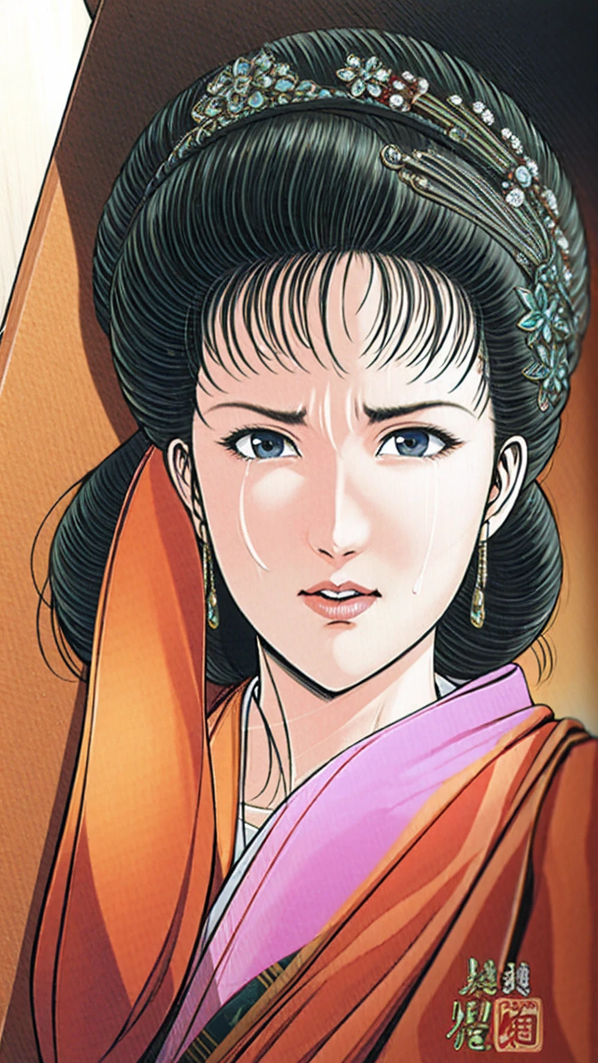 (best quality), (very aesthetic), (ultra-detailed), (best illustration),(a mature female),(perfect face),Suikoden,Mrs. Lin,(((NSFW))),((full_body)),((full_Nude)),(crying),Covers mouth with right hand,red cheek,sweating,skinny,flushed skin,(hairly),(Missionary position sex),(resting the back of her head on a pillow),(She is lying on her back completely naked),traditional Chinese bedroom,over head view